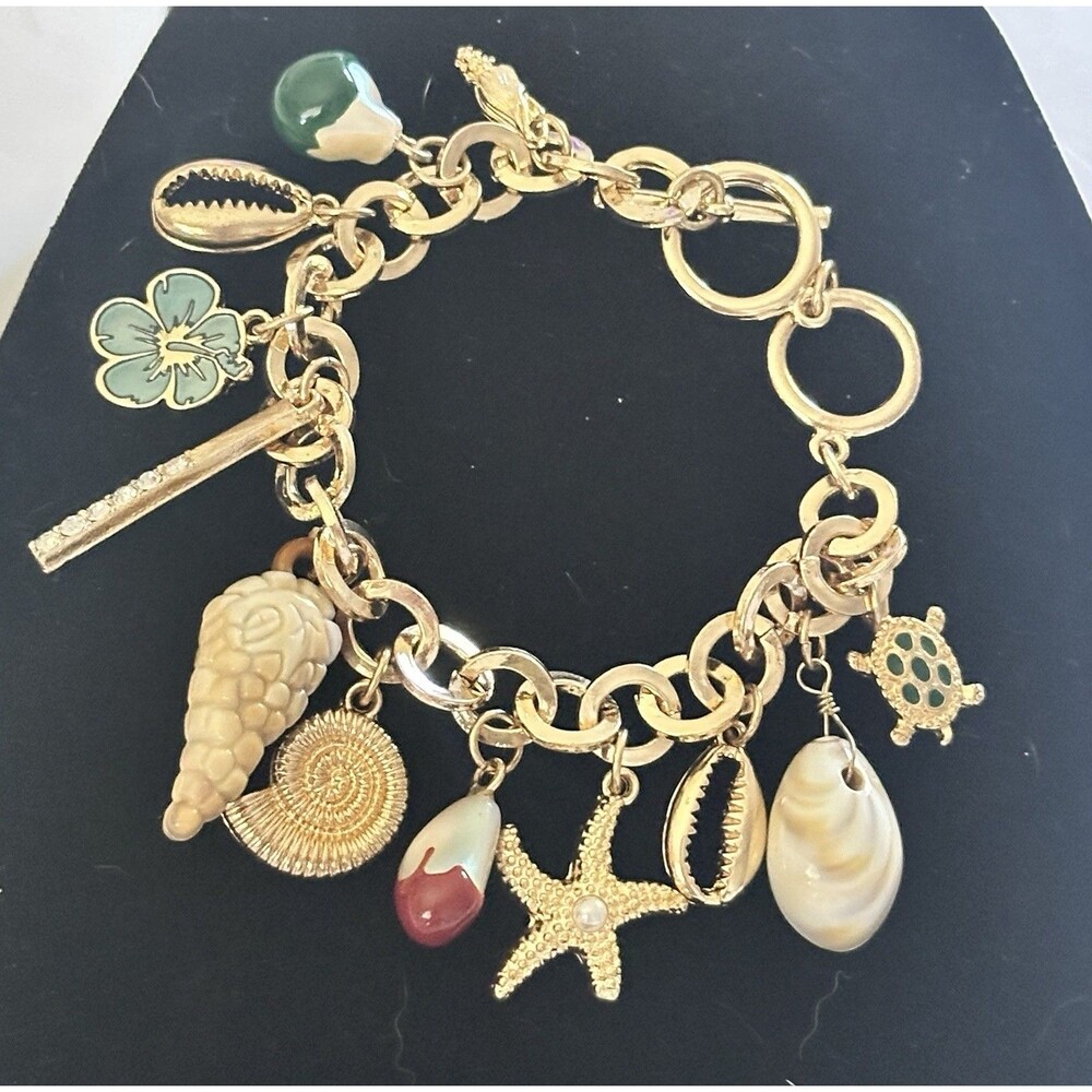 Gold Tone Coastal Charm Bracelet Starfish Shell Turtle Hibiscus Tropical Beach